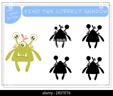 Finde den richtigen Schatten, ein pädagogisches Spiel für Kinder, Cartoon-Monster, Aliens in einer fliegenden Untertasse. Vektordarstellung auf weißem Hintergrund. Stock Vektor