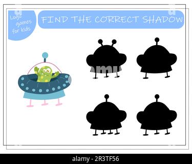 Finde den richtigen Schatten, ein pädagogisches Spiel für Kinder, Cartoon-Monster, Aliens in einer fliegenden Untertasse. Vektordarstellung auf weißem Hintergrund. Stock Vektor