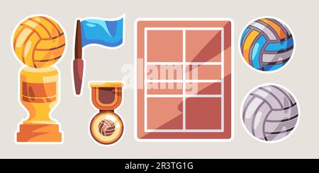 Volleyball Spiel Sportfeld bis preisgekrönte Pokal Objektset Kollektion Zeichnungsaufkleber Doodle Cartoon Style Stock Vektor