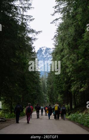 Zakopane Polen - Oktober 2022 Reisende gehen zum Morskie oko Polen Wanderkonzept. Reisen und Tourismus in den Bergen des Tatras-Nationalparks. Wanderung und Natur im Freien Stockfoto