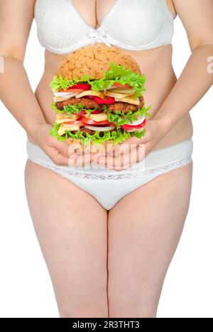 Fette Frau mit Hamburger Stockfoto