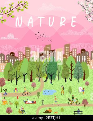 Natur und Landschaft, zeitgenössisches künstlerisches Poster. Dorf, Leute im Urlaub beim Picknick, Park, Wald und Bäumen. Für Ausdrucke, Cover- oder Kartendesigns, Stock Vektor