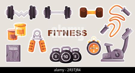 Workout Training Fitness Gym Körperbau schwere Hebevorrichtungen Objektsammlung Set Illustration Sticker Stil wie Barbell und Kettle Ball Stock Vektor