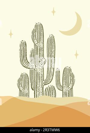 Abstrakte zeitgenössische, ästhetische Nachtschattenlandschaft mit saguaro-Kakteen. Stock Vektor