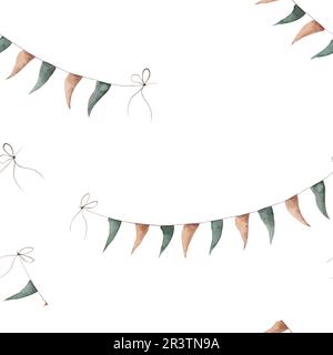 Nahtloses Aquarellmuster mit Flaggen und Girlanden. Schönes Retro-Muster für Tests, Drucken und Geschenkpapier für Kinder. Viel Spaß. Stockfoto