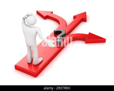 3D Mann steht auf roten Pfeilen Stockfoto