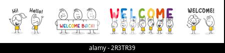 Strichfiguren. Eine Gruppe von Lächeln mit bunten Buchstaben. Vektorbanner mit Begrüßungstext. Isoliert auf weißem Hintergrund. Stock Vektor