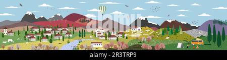 Natur und Landschaft. Panoramablick auf die wunderschöne Landschaft. Vektordarstellung von Bergen, Bäumen, Pflanzen, Feldern und Bauernhöfen. Bearbeitbare Arbeit für Cover oder Stock Vektor