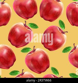 Illustration realistisches, nahtloses Muster Fruchtapfelrot auf gelbem Hintergrund. Qualitativ hochwertige Darstellung Stockfoto