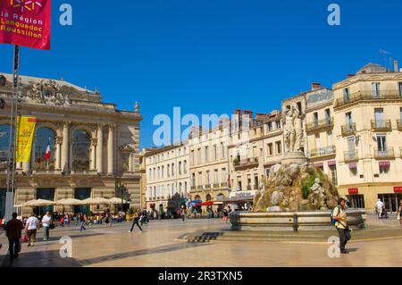 Opera Comedie, Opera House, Les trois Grace, Fountain, Place de la Comedie, Montpellier, Herault, Languedoc-Roussillon, Opera National de Stockfoto