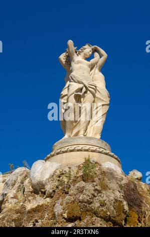 Les trois Grace, Brunnen, Place de la Comedie, Montpellier, Herault, Languedoc-Roussillon, Brunnen der drei Grazen, Frankreich Stockfoto