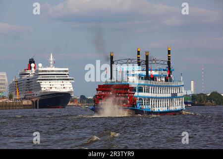 Paddeldampfer Louisiana Star und Kreuzfahrtschiff Queen Elizabeth, Hamburger Hafen, Hamburg, Deutschland Stockfoto