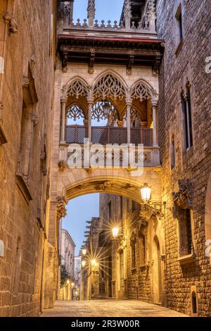 Das historische Barrio Gotico in Barcelona bei Sonnenaufgang mit der Pont del Bispe Stockfoto