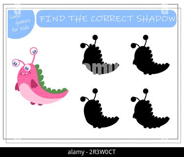 Finde den richtigen Schatten, ein pädagogisches Spiel für Kinder, Cartoon-Monster, Aliens in einer fliegenden Untertasse. Vektordarstellung auf weißem Hintergrund. Stock Vektor