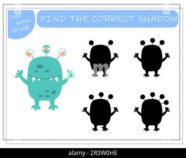 Finde den richtigen Schatten, ein pädagogisches Spiel für Kinder, Cartoon-Monster, Aliens in einer fliegenden Untertasse. Vektordarstellung auf weißem Hintergrund. Stock Vektor