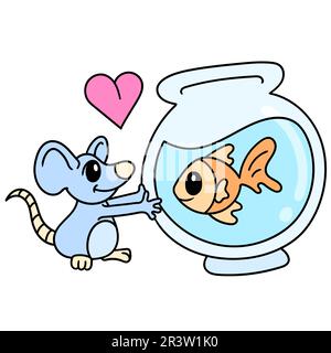 Valentinstag eine Maus verliebte sich in einen Fisch in einem Aquarium, Kawaii-Ikone Stockfoto