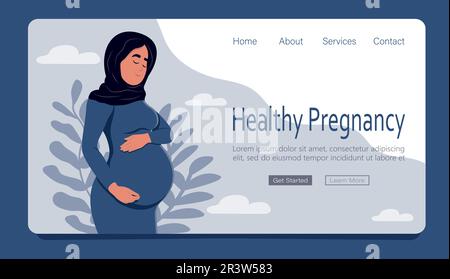 Eine schöne, schwangere Moslem umarmt ihren Bauch. Gesundes Schwangerschaftsbanner. Schwangerschafts- und Mutterschaftsbegriff. Stock Vektor