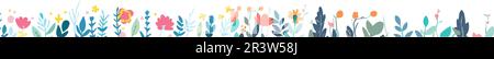 Horizontales weißes Banner oder Blumenhintergrund und Rand mit mehrfarbigen Blütenblättern. Frühlingspflanzen flache Vektordarstellung auf weißem Hintergrund. Stock Vektor