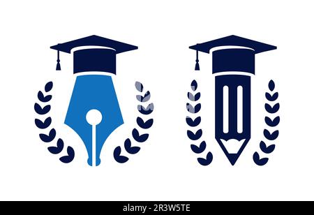 Designvorlagen für das Bildungslogo. Stift und Bleistift mit Graduierungskappe. Isoliert auf weißem Hintergrund Stock Vektor