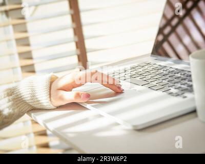 Hände einer Asiatin, die zu Hause einen Computer benutzt Stockfoto