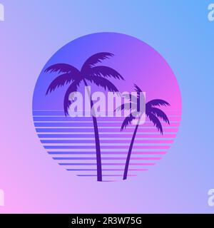 Sunset Beach kalifornien Retro-Ikone. 90s Palm Retro california Circle Gradient Silhouette Vintage 80s Disco Print hawai Urlaub. Stock Vektor