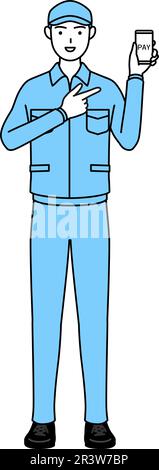 Mann mit Hut und Arbeitskleidung, der bargeldlose Online-Zahlungen auf einem Smartphone empfiehlt, Vector Illustration Stock Vektor