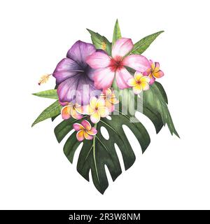 Tropenblüten und Monsterablätter isoliert auf weißem Hintergrund. Aquarell handgezeichnete botanische Illustration für Design Stockfoto
