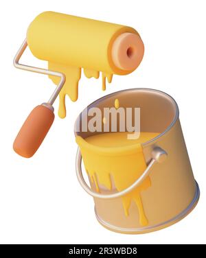 Vektorsymbol. Farbdose und Malerwalze. Wandfarbe mit gelber Farbe im Eimer. Bürstenrolle tropft Stock Vektor