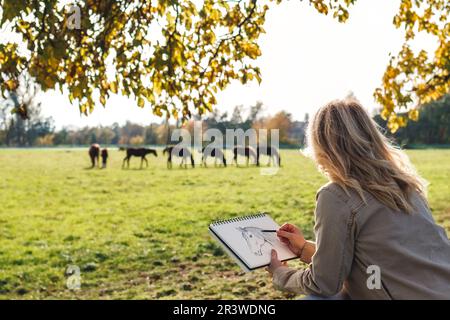 Künstlerin, die im Herbst im Freien Pferde skizziert. Bleistiftzeichnung. Illustratorin auf der Suche nach Inspiration auf der Tierfarm Stockfoto