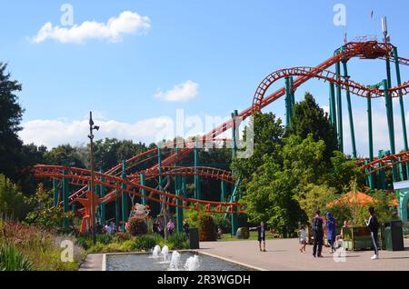 Amsterdam, Niederlande - 8. August 2022: Große farbenfrohe Achterbahn und Menschen, die im Walibi Holland Vergnügungspark spazieren gehen Stockfoto