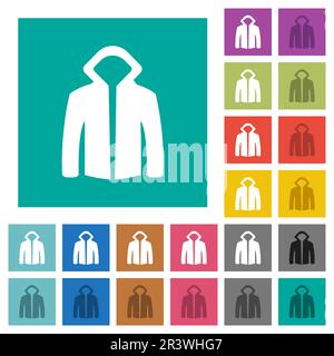 Hoodie Sweatshirt mit mehrfarbigen flachen Symbolen auf einfarbigem quadratischem Hintergrund. Enthält weiße und dunklere Symbolvarianten für Mouseover oder aktive Effekte. Stock Vektor