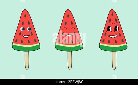 Set aus groovy-Style niedlicher Cartoon Wassermelonen-Charaktere Eiscreme, Vektorgrafik Stock Vektor