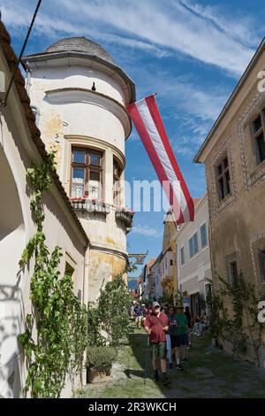 Touristen an der Hauptstraße der Kleinstadt Duernstein im österreichischen Wachau Stockfoto