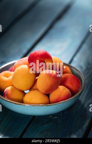 Eine einzelne türkisfarbene Schüssel frischer Aprikosen auf blauem Holzbrett in dramatischem Licht. Minimalszene Stockfoto