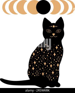 Schwarze magische Katze mit Sternenmuster und Sonnenfinsternis. Astrologie und Rätsel. Vektordarstellung isoliert auf weißem Hintergrund Stock Vektor