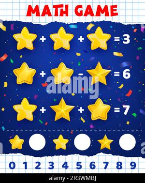 Arbeitsblatt für Mathematik-Spiele, Zeichentrickfilm mit goldenen gelben Sternen, mathematisches Quiz für Vektorkinder. Lernpuzzle oder Mathematikspiel zum Zählen und Berechnen mit Zahlen addieren und subtrahieren mit goldenen Sternen Stock Vektor