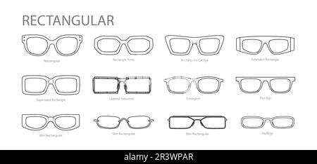 Set mit rechteckiger Brille Modeaccessoire Illustration. Sonnenbrille Vorderansicht für Herren, Damen, Unisex-Silhouette, Brille mit flachem Rand Brille mit isolierter Linsenzeichnung Stock Vektor
