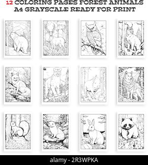 Waldtiere Malbuch, Vektor. 12 Ausmalseiten Illustration mit Waldtieren, die druckfertig sind, A4 Graustufen. Stock Vektor