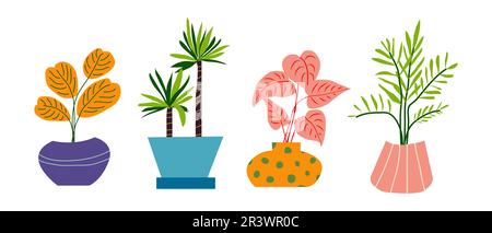 Urbaner Dschungel, trendige Einrichtung mit Pflanzen, tropischen Blättern in stilvollen Pflanztöpfen. Cartoon-Style. Vektordarstellung Stock Vektor