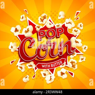 Cartoon-Film Popcorn Burst. Popcorn-Snack-Explosion. Poster im Stil von Vector Pop Art Comics mit Mais explodieren auf halbfarbigem gelben Hintergrund mit hellen Lichtblitzen, verteilen Maiskörner und -Strahlen Stock Vektor