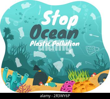 Stoppen Sie die Ozean-Plastik-Verschmutzungsvektor-Illustration mit Müll unter dem Meer wie ein Abfallsack, Müll und eine Flasche in flachen, handgezeichneten Schablonen Stock Vektor