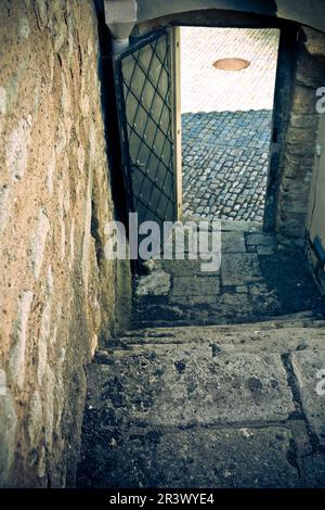 Alte mittelalterliche Metalltür am Ende einer Steintreppe Stockfoto