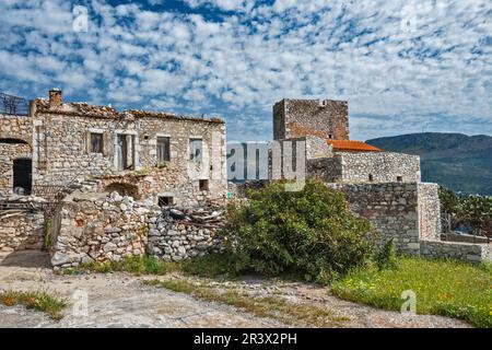 Verlassene Häuser im Dorf Zoufa, Laconian Mani, Mani Region, Peloponnes Region, Griechenland Stockfoto