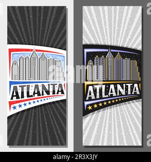 Vertikale Vektorvorlagen für Atlanta, dekoratives Layout mit Strichzeichnung der Stadtlandschaft von atlanta bei Tag und Abenddämmerung, Kunstdesign Stock Vektor