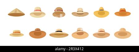 Vektor Strohhüte. Asiatische Mütze Non La, Mütze für Damen, Damen und Herren, Cap Icon Set isoliert. Summer Beach Head Accessoire, Traditionell, Farmer Kopfschmuck Hut Stock Vektor