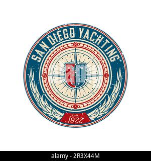 Yachtclub Retro-Patch, Seesegel-Regatta-Abzeichen. Marineabenteuer Grunge Stempel, nautische Regatta Vektoretikett oder Segelsport Rundlogo. Seenavigationsfeld mit Kompass, Wappen Stock Vektor