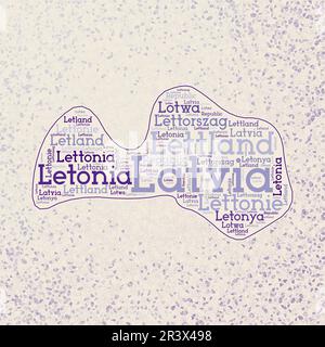 Lettland Form mit Ländernamen Wortwolke in mehreren Sprachen. Lettland Grenzkarte auf kreativen Dreiecken verstreut. Stock Vektor