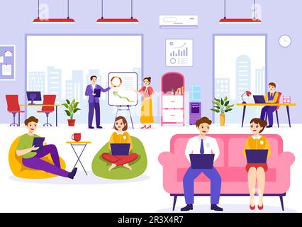 Zusammenarbeit mit Kollegen, die im Büro sprechen, sich treffen und arbeiten, in Form von handgezeichneten Landing-Page-Vorlagen für flache Cartoons Stock Vektor