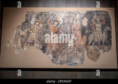 Sieben Todsünden, Sieso-Wandgemälde, 16. Jahrhundert, Fresken abgerissen und auf Leinwand übertragen, kommen aus der Kirche San Miguel Arcangel in Sieso, Diözesanmuseum von Jaca, Huesca, Spanien. Stockfoto