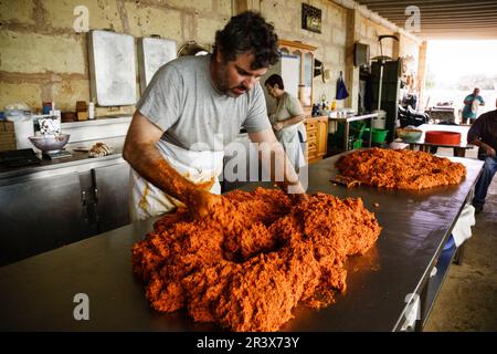 Especiado y sobrasada, mezcla de la Matanza Seleccion del Cerdo, Llucmajor, Mallorca, Balearen, Spanien. Stockfoto